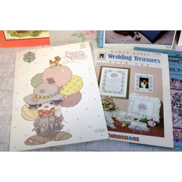 Vtg 8 Pc Counted Cross Stitch Booklet Pattern Lot Cat Flowers Angel Wedding Baby - Picture 4 of 9